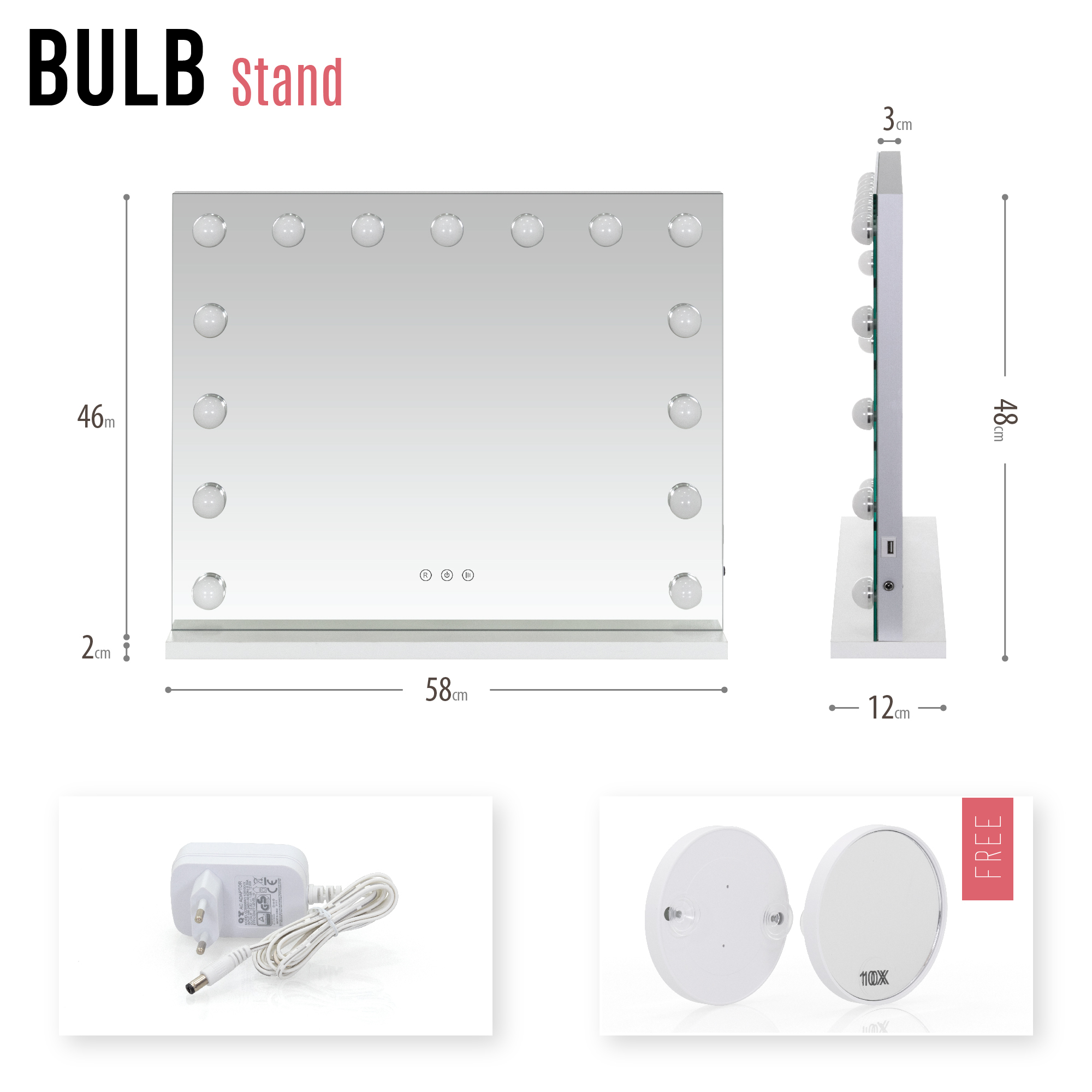 Schminkspiegel Bulb STAND mit 15 dimmbaren LED-Lampen Weiß