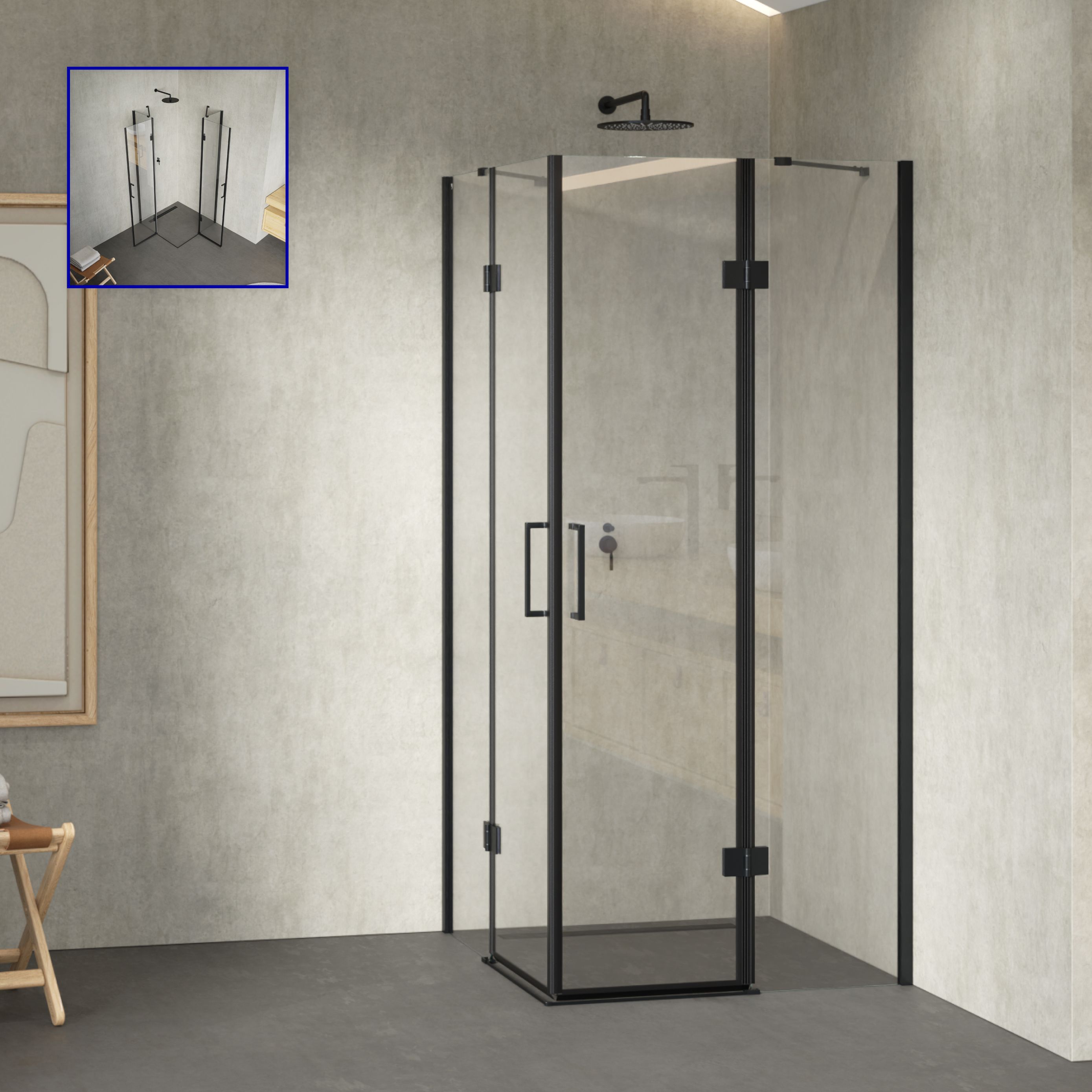 Corner entry Celine with folding doors and black profiles made of ESG safety glass.