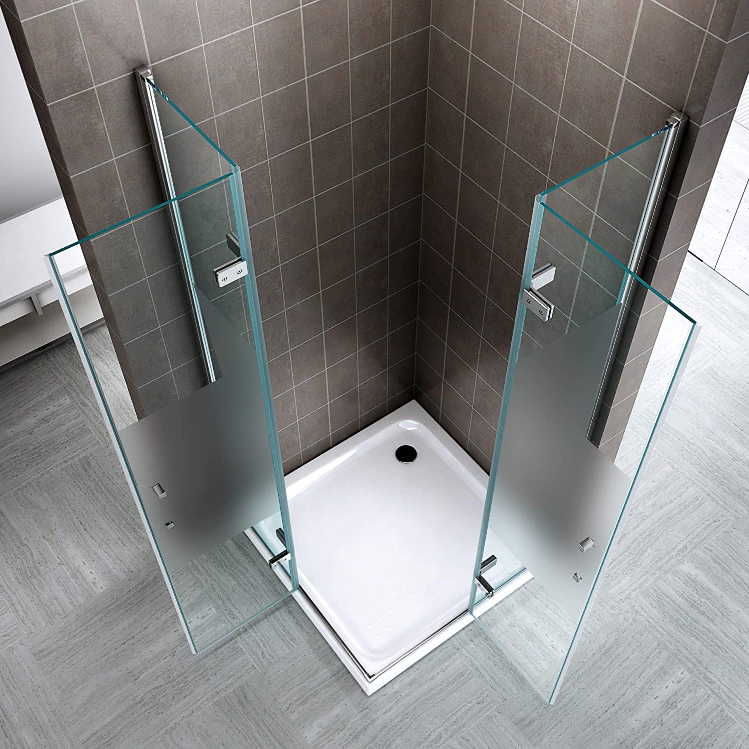 Corner entry Matilde with folding doors made of partially frosted ESG safety glass.