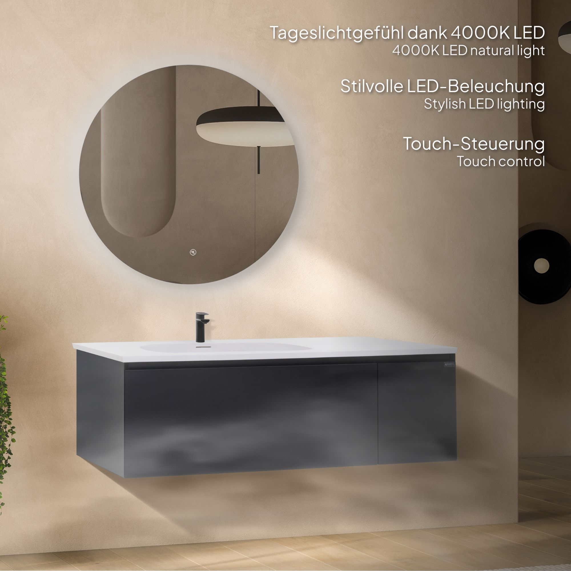 adezimmermöbel Dafne – 120 cm Schwarz Matt, Softclose & runder LED-Spiegel