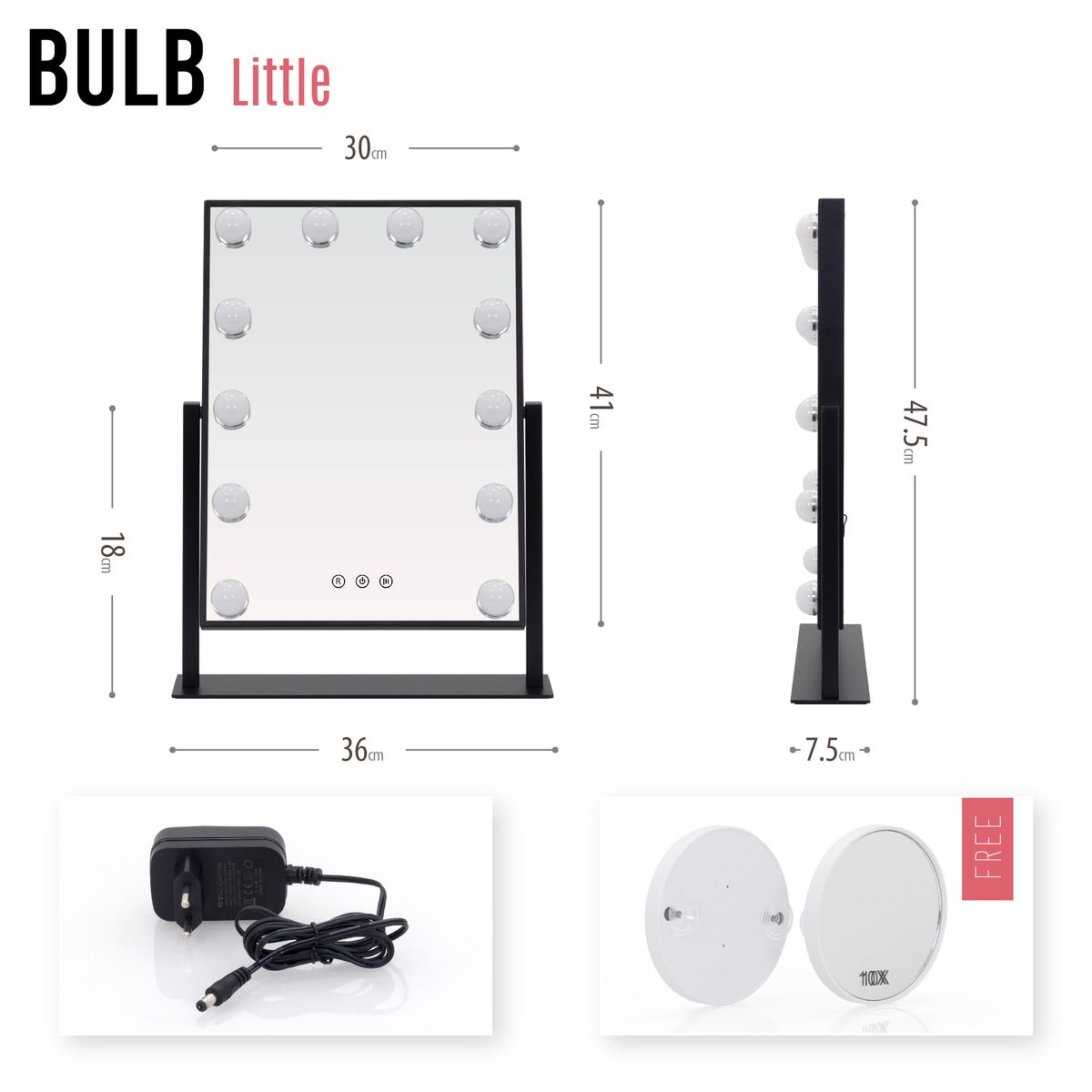 Schminkspiegel Bulb LITTLE mit 12  dimmbaren LED-Lampen Schwarz