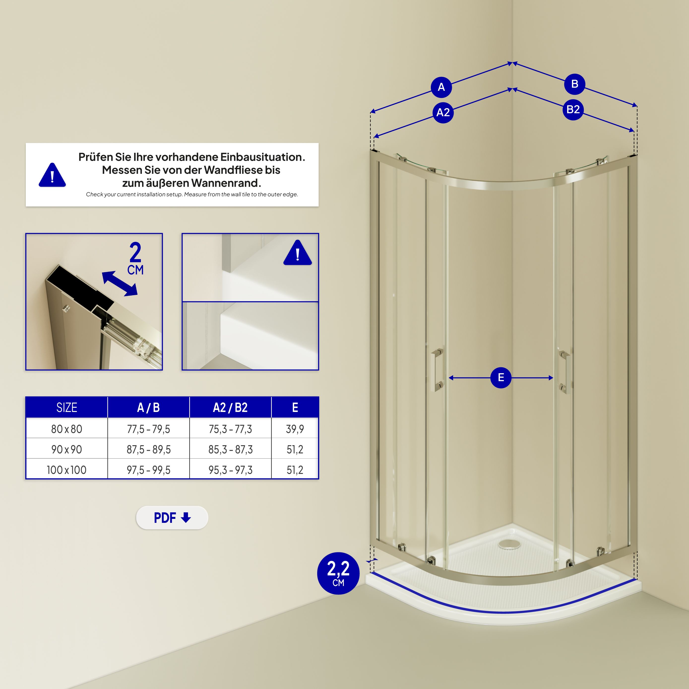 Quarter Circle Shower Ella with Sliding Doors Made of ESG Safety Glass